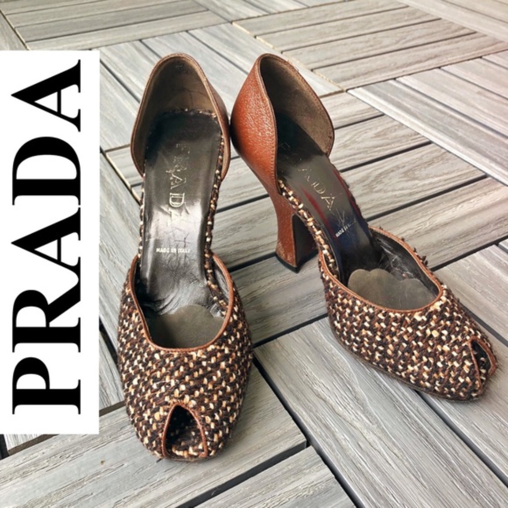 PRADA | Gorgeous Brown Leather Tweed Heels